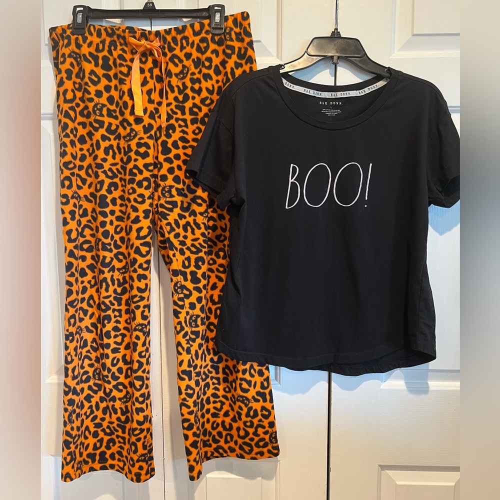 2 Pc 🐈‍⬛ PJ Set 🎃 Orange Leopard: Black Cat Pants & Short Sleeve “BOO” Shirt